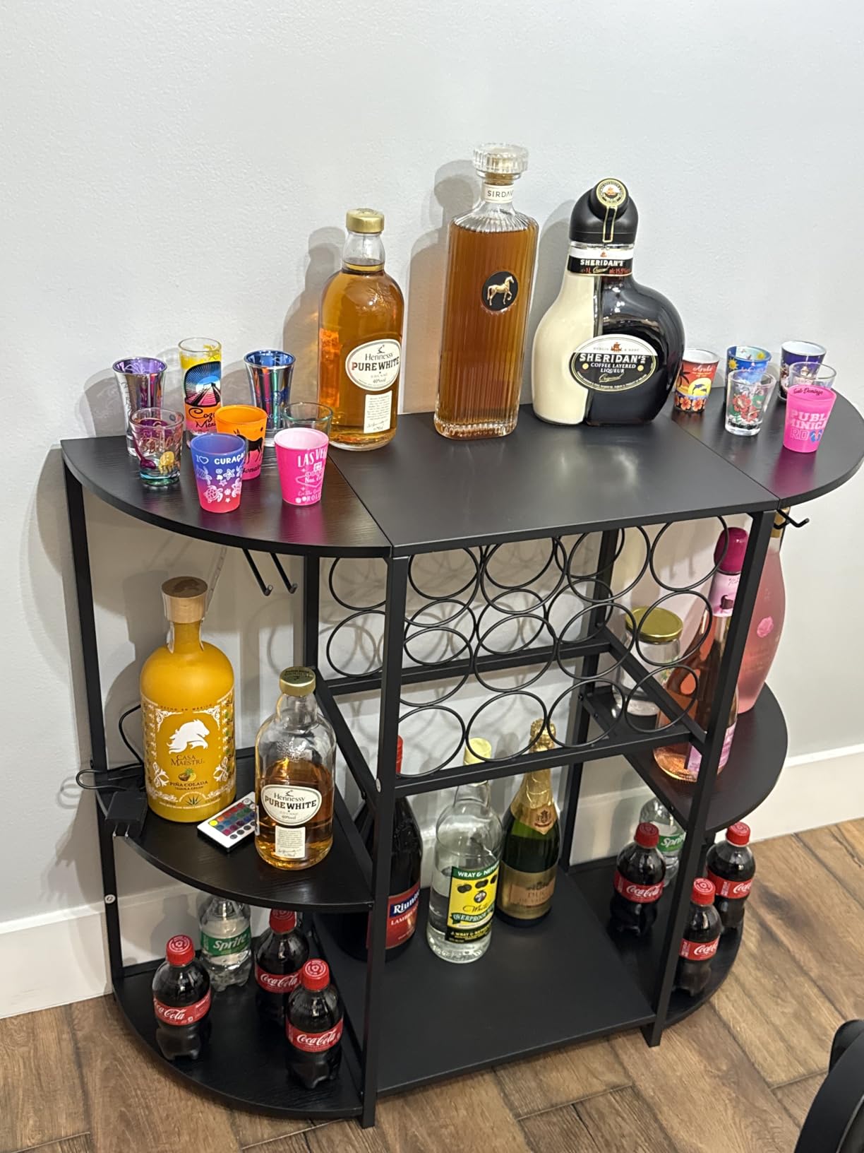 JKsmart Wine Bar Cabinet with LED Lights, Mini Wine Bar Cart with Storage and Glass Holder, Home Bar Coffee Bar for Liquor, 3-Tier Bar Table for Kitchen, Dining Room, Living Room, Black customer photo 1