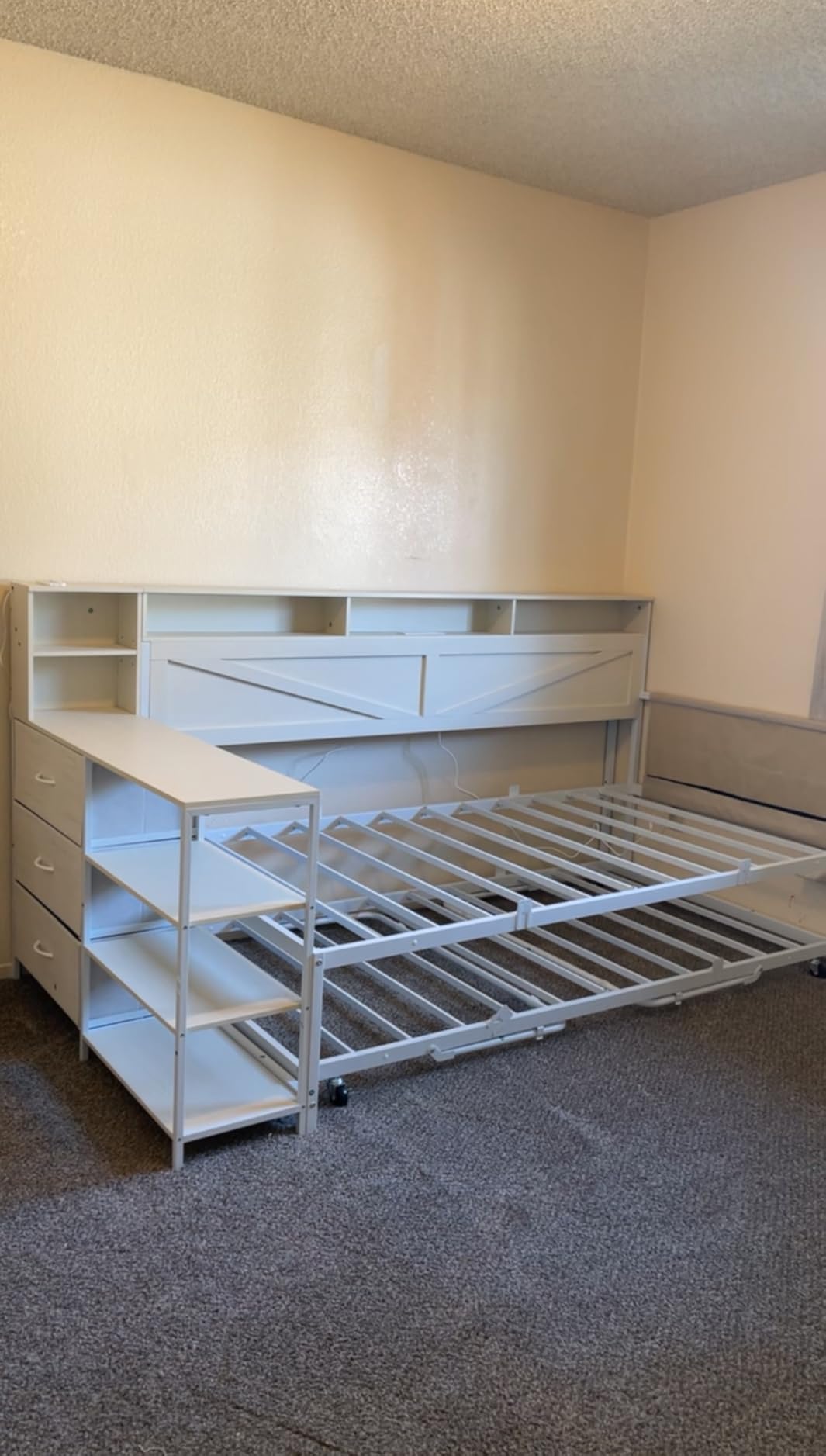 VIAGDO Daybed Twin with Pop Up Trundle, Farmhouse Wooden Day Bed Frame with 3 Storage Drawers and Shelves, Twin to King Daybed with Charging Station and LED Lights for Bedroom, Guest Room, White customer photo 2