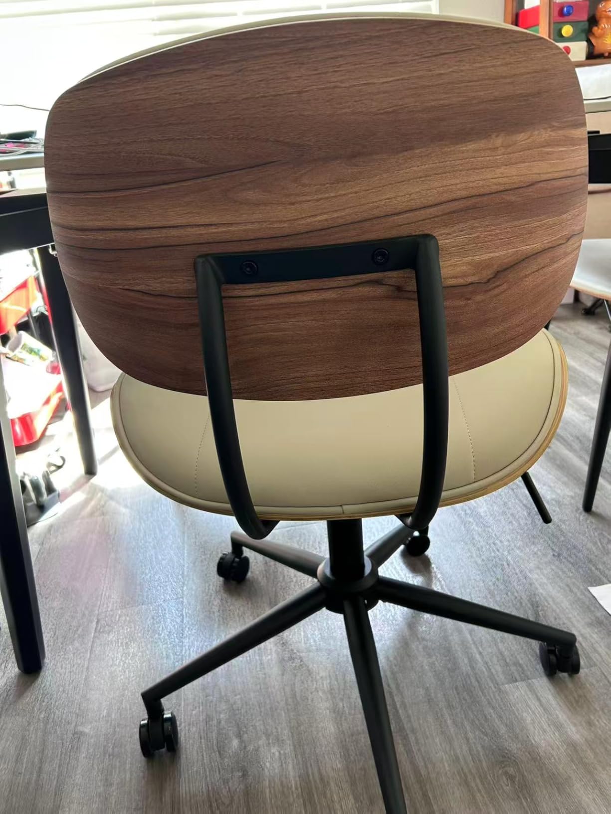 Armless Office Chair with Wheels, PU Leather Desk Chair, Beige customer photo 1
