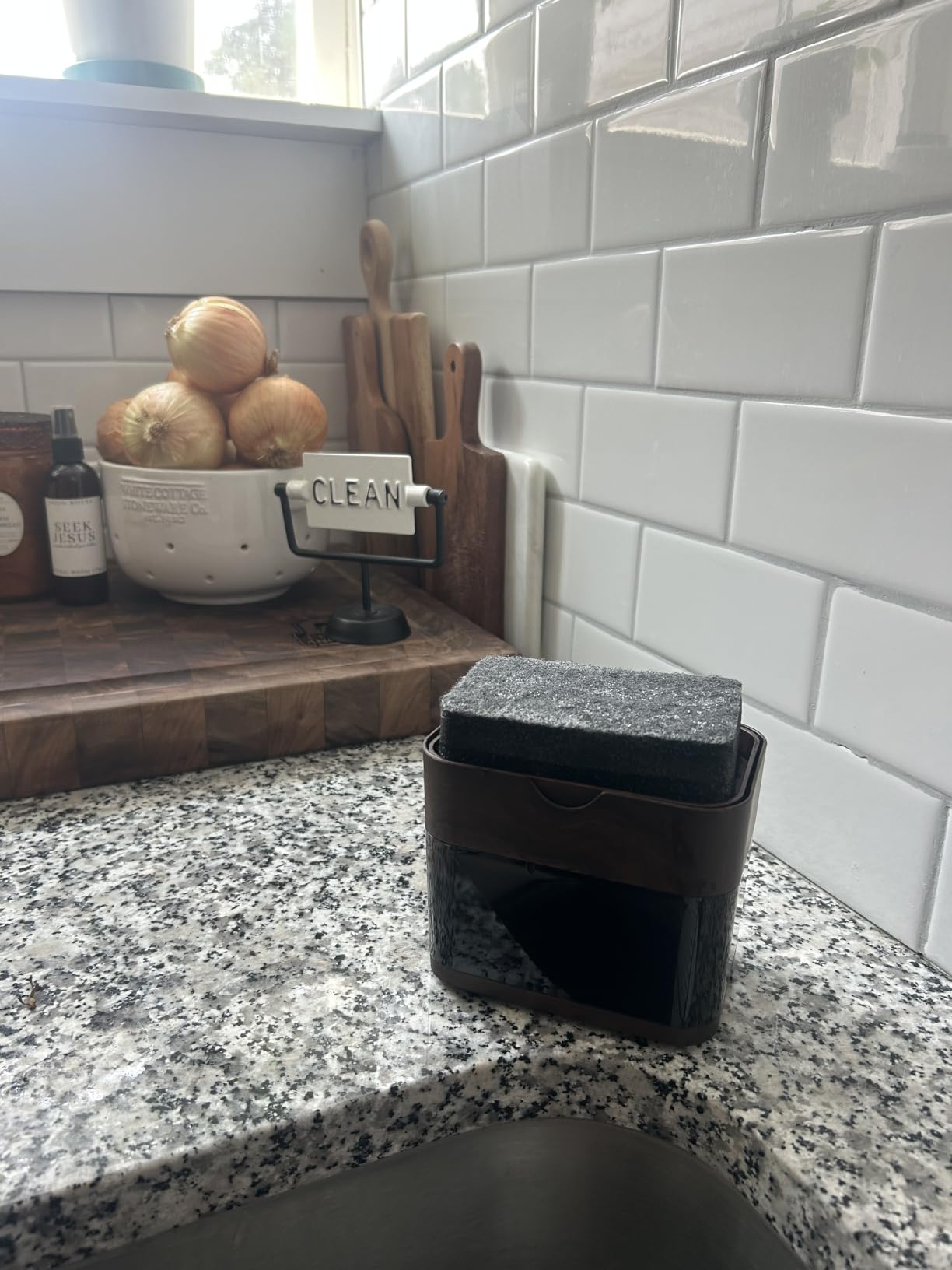 S&T INC. Dish Soap Dispenser and Sponge Holder, Plastic Walnut and Amber customer photo 1