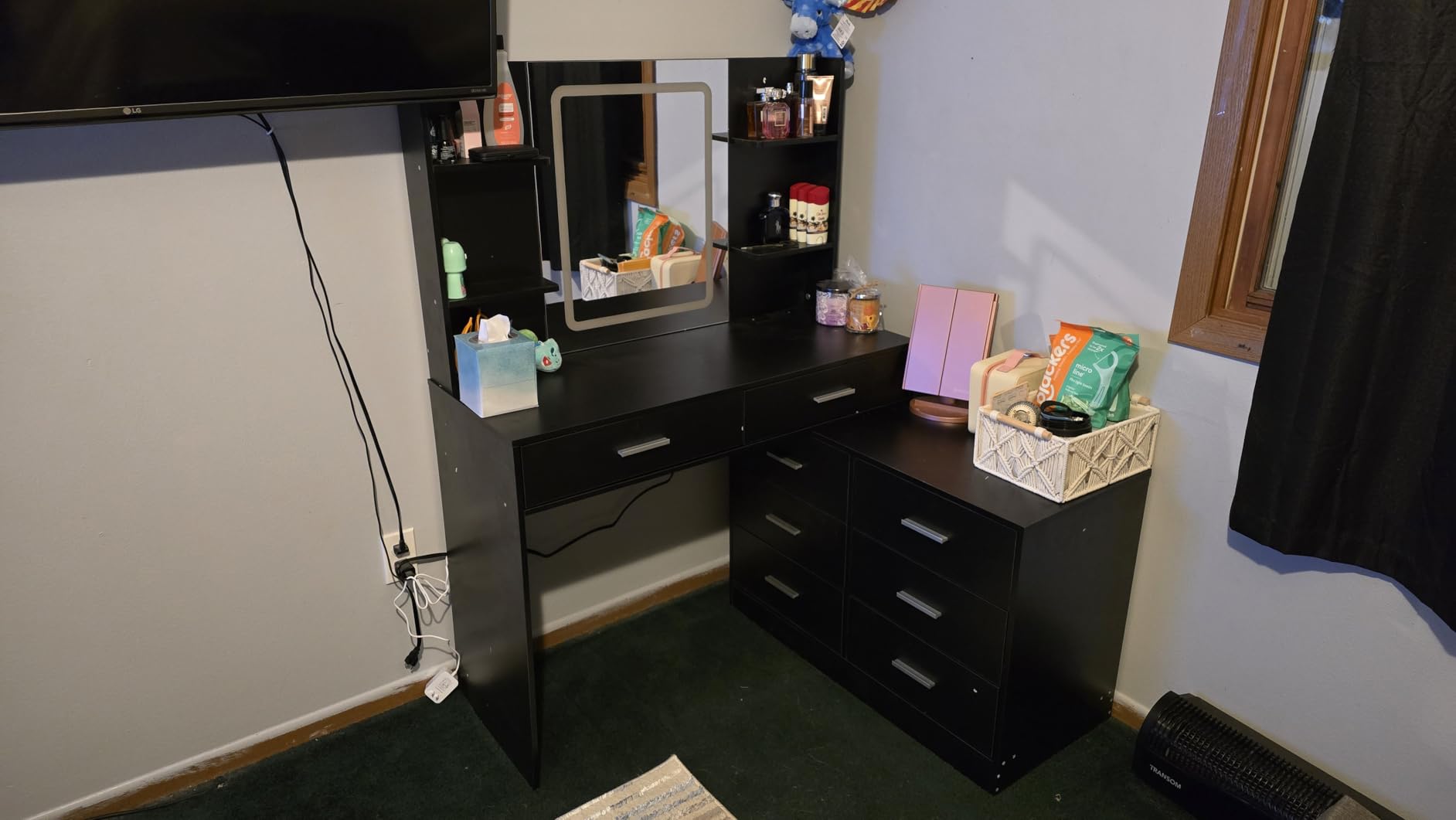 FIONESO Vanity with Large Mirror and 12 LED Lights, Vanity Desk with 7 Drawers & Hairdryer Holder, Makeup Vanity Desk with Charging Station for Women, Girls, 3 Lighting Color Adjustable, White customer photo 2