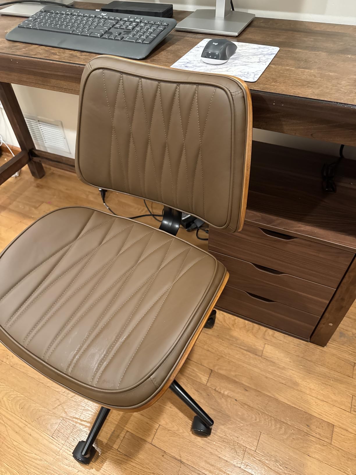 Ergonomic Armless Office Desk Chair - Mid-Century Modern Khaki Faux Leather with Diamond Stitch, Adjustable Height Swivel Rolling Task Computer Chair with Walnut Accent for Home Office, Study & Work customer photo 1