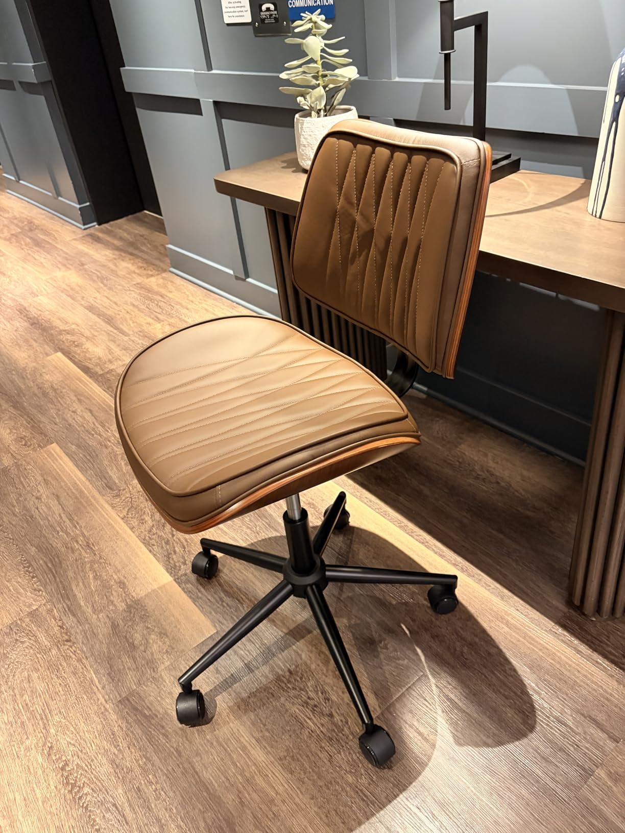 Ergonomic Armless Office Desk Chair - Mid-Century Modern Khaki Faux Leather with Diamond Stitch, Adjustable Height Swivel Rolling Task Computer Chair with Walnut Accent for Home Office, Study & Work customer photo 2