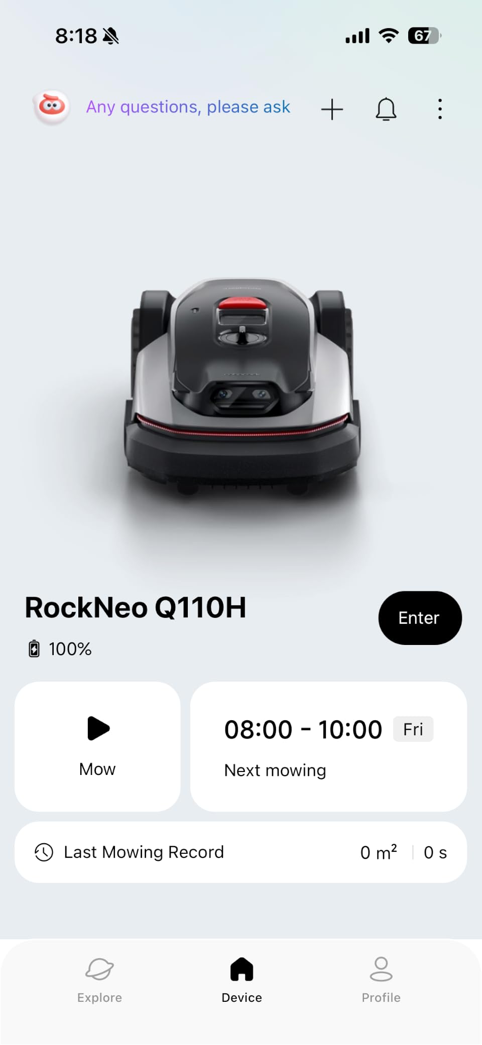 Roborock RockNeo Q110H Robot Lawn Mower, Wire-Free Robotic Lawn Mower with Full-Band RTK + VSLAM Navigation, Auto Mapping, AI Vision Obstacle Avoidance, App Control, 45% Slope, Covers Up to 1/4 Acre customer photo 1