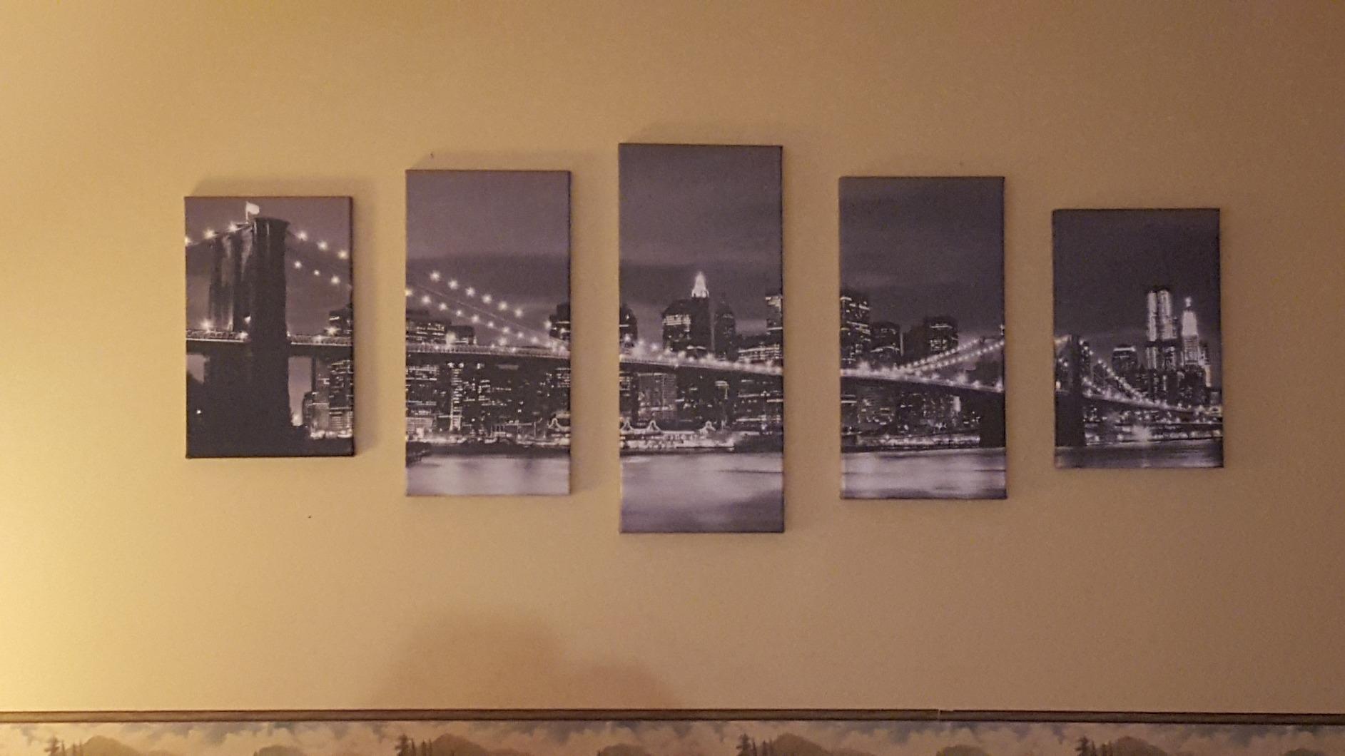 Wieco Art New York Brooklyn Bridge Canvas Wall Art Night View 5 Panels Modern Landscape Artwork Canvas Prints Abstract Pictures to Photo Canvas Wall Decor for Home & Office Decorations customer photo 1