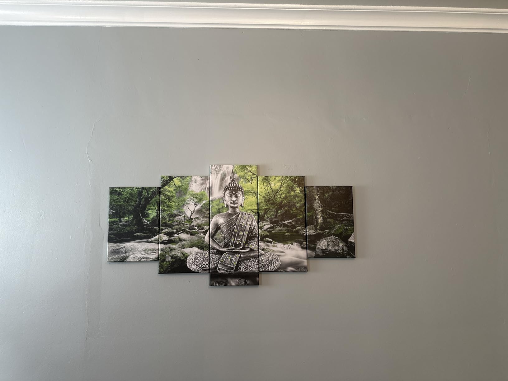 AWLXPHY Decor Buddha Wall Art Canvas Painting Framed 5 Panels for Living Room Decoration Modern Landscape Buddha Waterfall Trees Zen Stretched Artwork Giclee (Green, 40