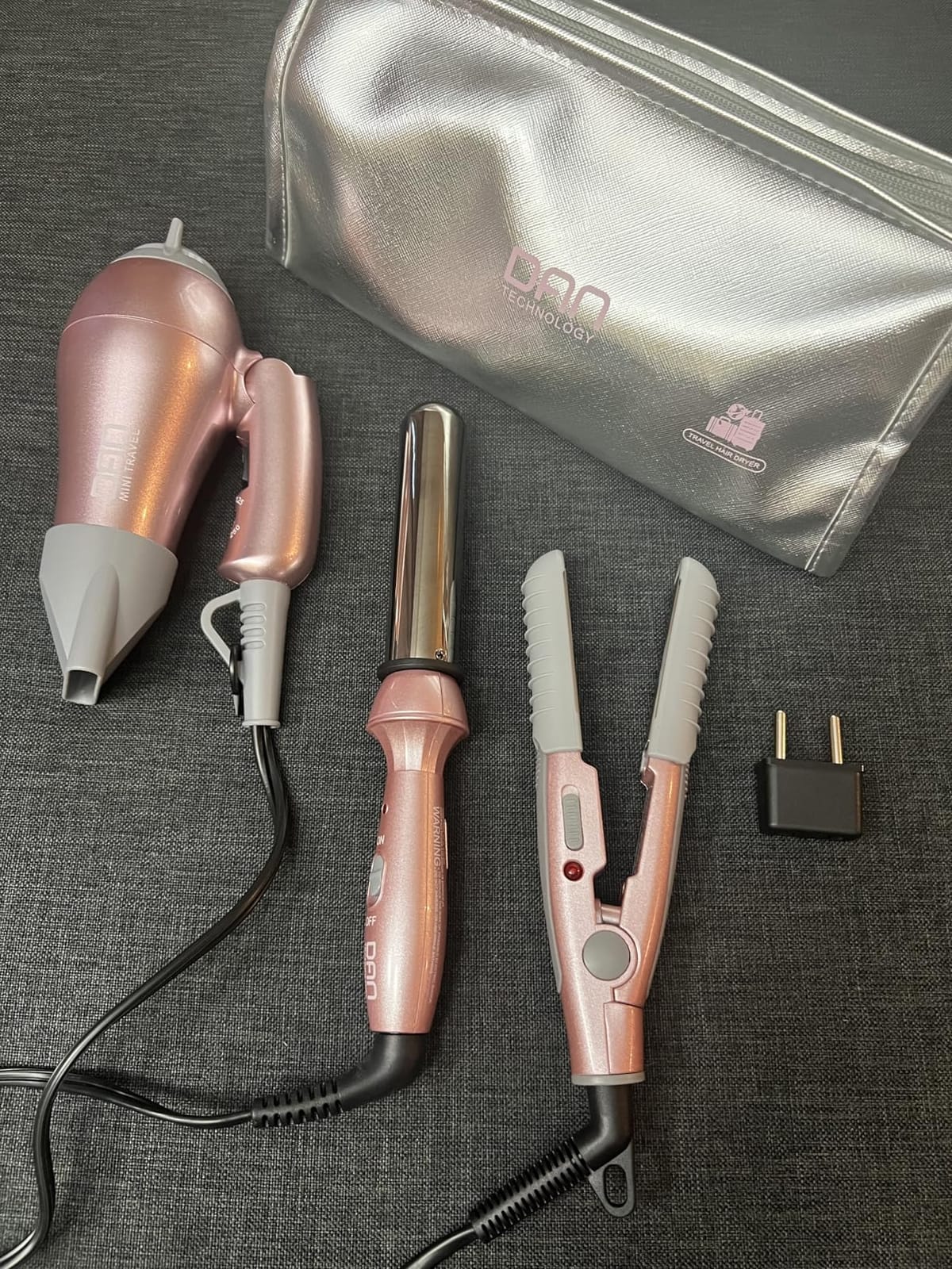 DAN Technology Hair Styling Set, Including Travel Hair Dryer, Mini Flat Iron, and Travel Curling Iron with European Plug, Dual Voltage, Portable Storage Bag, Pink customer photo 1