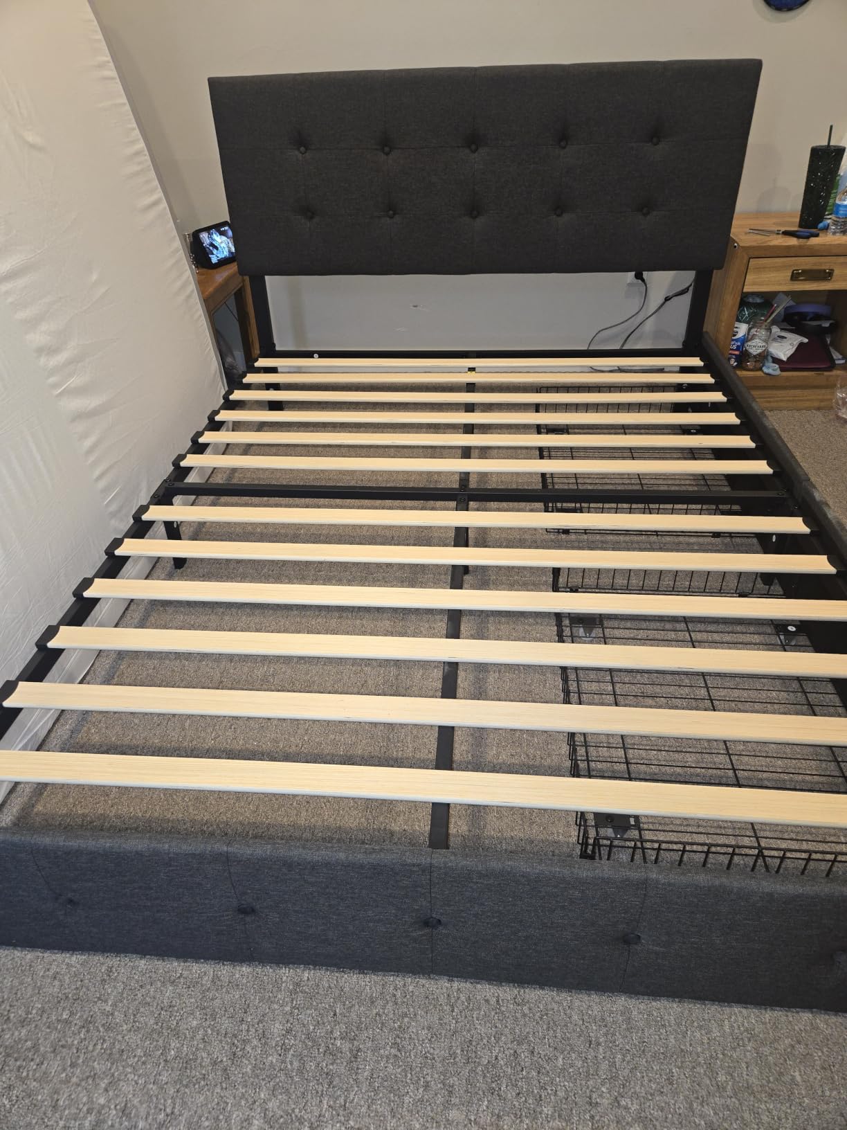 Allewie Queen Size Storage Bed Frame with 4 Underbed Drawers, Upholstered Platform Bed with Adjustable Headboard, Diamond Button Tufted, Easy Assembly, Noise-Free, No Box Spring Needed, Light Grey customer photo 2