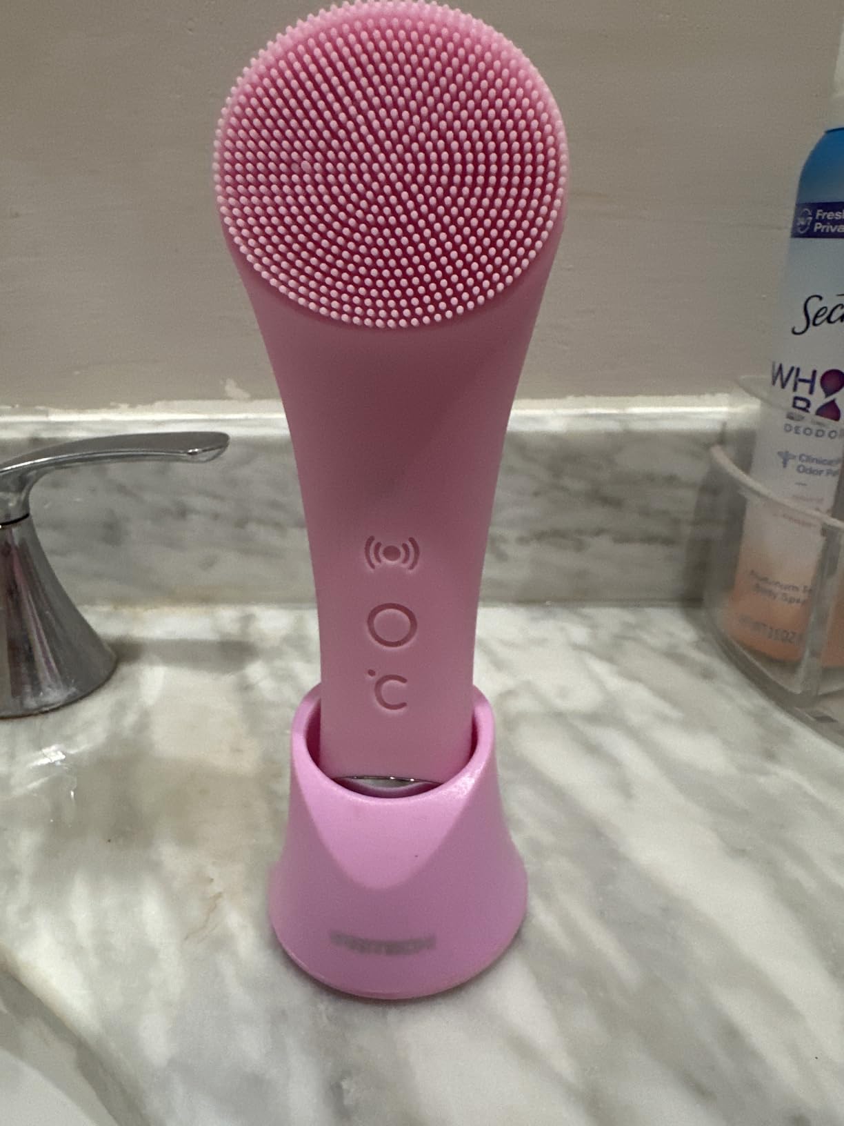 PRITECH Facial Cleansing Brush, Rechargeable Silicone Face Scrubber with Heat Massage End, Vibrating Exfoliator Scrubber for Deep Cleaning, Waterproof Face Brush for Women and Men (Pink) customer photo 1