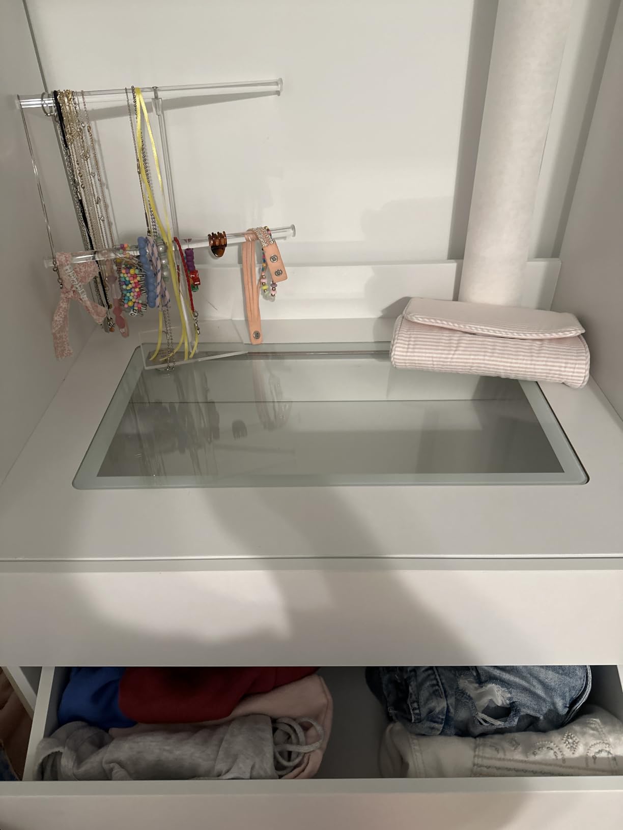 Closet System, 4-8FT Closet Organizer with 3 Wood Drawers & Glass Top, 102'' Walk in Closet with 5 Hang Rods & LED Lights & Trouser Rack, Built-in Wardrobe Clothes Rack with Shelves and Tower, White customer photo 1